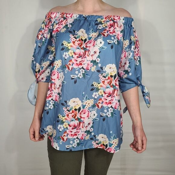 AlvaQ Off The Shoulder Blue Floral Top - Picture 4 of 8